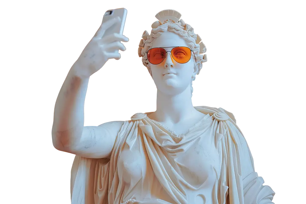 Classical statue with sunglasses taking a selfie